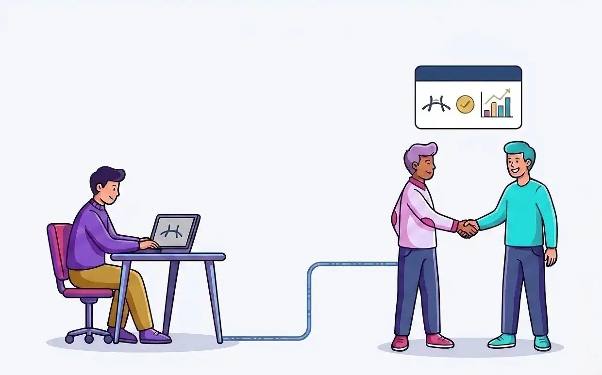 A business owner at a laptop connected through to two people shaking hands